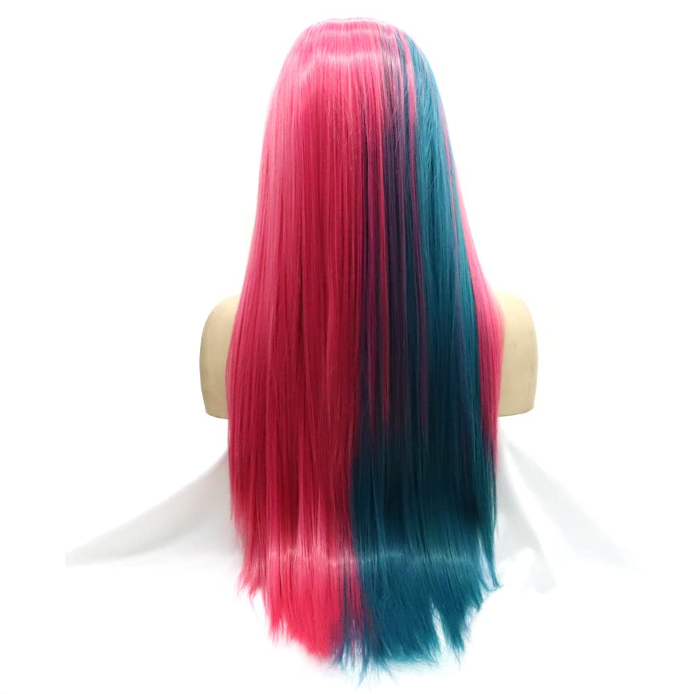 Xiweiya Rose Red Mix Green Wig Highlight Multi Color Synthetic Lace Front Wig Stright Light Lace Front Wig with Side Part Heat Resistant Fiber Hair for Women 24inch - Image 4