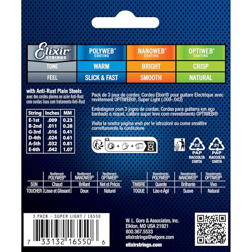 Image of Elixir Strings 16550 Guitar Strings with OPTIWEB Coating, 3 Pack, Super Light (.009-.042)