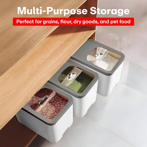 Image of Rioware Rice Storage Container- 5Kg+5Kg (Set of 2) Kitchen Dispenser Set Containers | Airtight Moisture Proof Plastic Grain Dispensers | Rotating Daal Store Box - Greyish White Ricelux