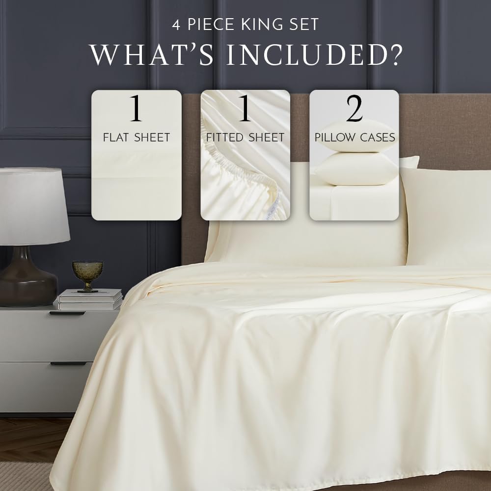 Linen Closet Luxury Cotton 600 Thread Count Performance Cotton 4-Piece Sheet Set, King, Ivory