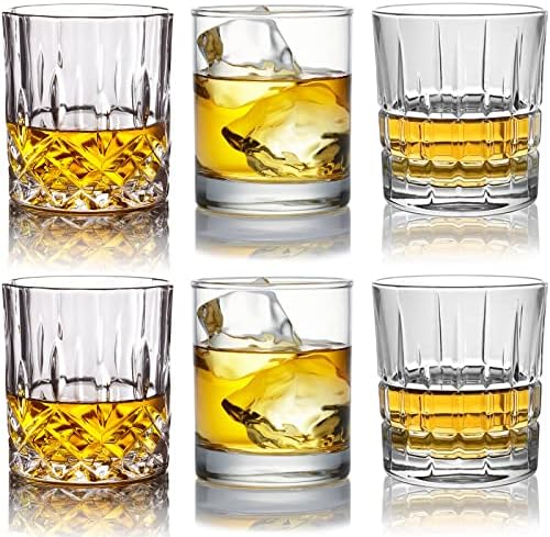 Kichefany Whiskey Glasses Set of 6, 11 OZ Scotch Glasses, Old Fashioned Whiskey Glasses, Premium Rocks Glasses, Style Glassware for Bourbon, Rum glasses, Bar Whiskey Glasses, Gifts for Men(Mixed)