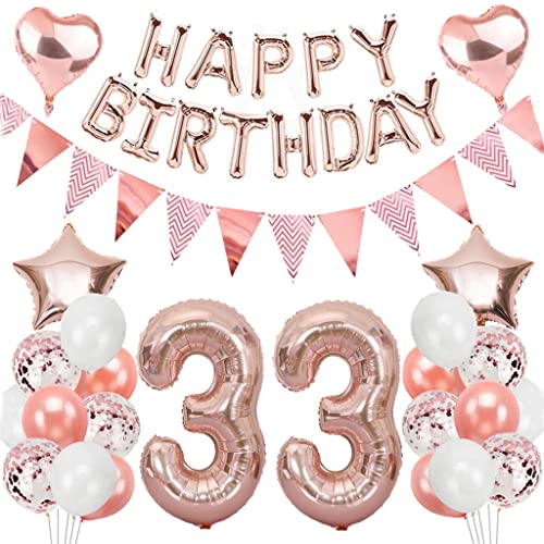 Ouceanwin 33 Años Decoracion Cumpleaños Oro Rosa, Decoracion Fiesta de Globo 33 Cumpleaños Mujer, Happy Birthday Globos Letras, Globo de Cumpleaños Fiesta Decoración para Mujeres Adultos