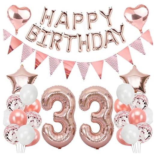 Ouceanwin 33 Años Decoracion Cumpleaños Oro Rosa, Decoracion Fiesta de Globo 33 Cumpleaños Mujer, Happy Birthday Globos Letras, Globo de Cumpleaños Fiesta Decoración para Mujeres Adultos