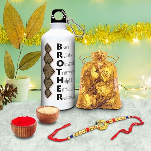 Image of Raksha Bandhan Gift Hamper for Brother - Designer Rakhi, Stainless Steel Bottle & Chocolates Combo Set, Rakhi Gift for Bhai, Brother & Family Celebration Gift