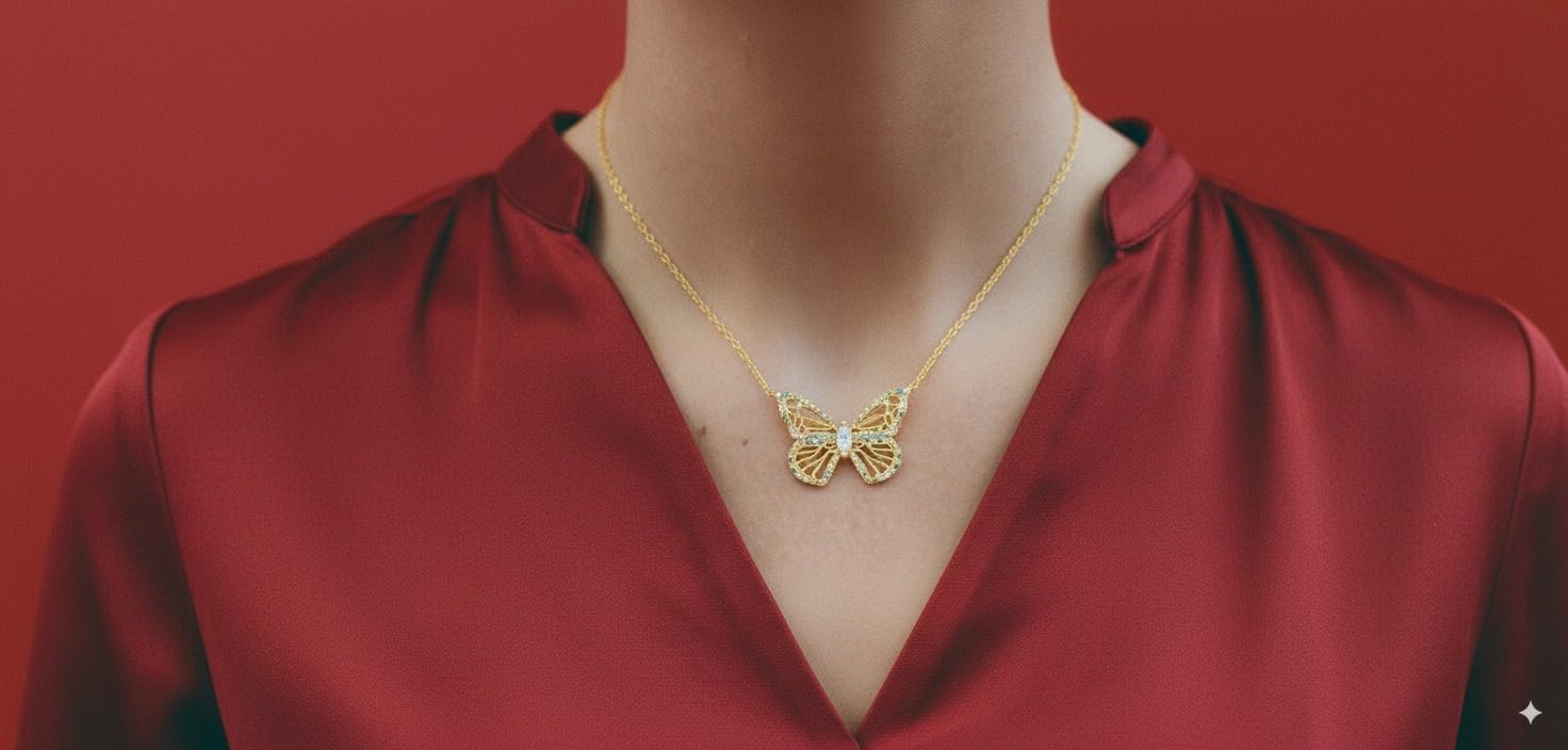 14K Gold Plated Sterling Silver Butterfly Pendant - Elegant 925 Silver Necklace with Sparkling Zircon Stones, Beautiful Jewelry for Women - Image 2