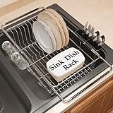 Over the Sink Expandable Dish Drainer Drying Rack In Stainless Steel for Small Kitchen, Counter Space Saving Modern Compact Metal Above Plate Dryer Strainer, Adjustable Hanging Inside Drain Holder