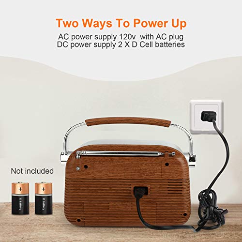 SEMIER Retro AM FM Portable Radio Bluetooth Speak，Battery Operated Radio by 2X D Cell Batteries Or AC Power Vintage Transistor Radio with Big Speaker and Large Knob - Thumbnail 3
