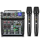 Professional Audio Mixer, 4 Channel Sound Mixer With Dual Wireless Mic, Sound Board Console MP3 Bluetooth 48V Phantom Power USB Interface DJ Mixing for Home Karaoke Party Computer Studio Recording