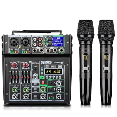 Professional Audio Mixer, 4 Channel Sound Mixer With Dual Wireless Mic, Sound Board Console MP3 Bluetooth 48V Phantom Power USB Interface DJ Mixing for Home Karaoke Party Computer Studio Recording