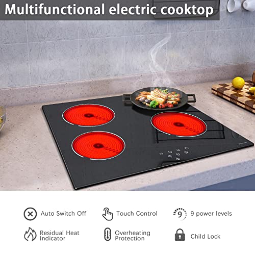 Noxton Ceramic Cooktop, Built-In 4 Burners Electric Stove Electric Cooker Hob With Touch Control Child Lock Timer Easy To Clean With Hard Wire 6000W 220~240V #TOP2