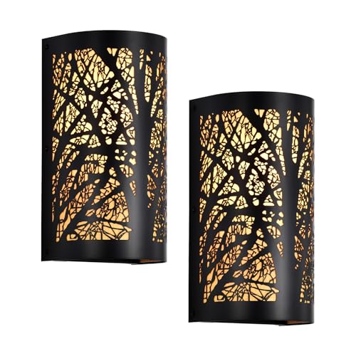 Image of Farmhouse Wall Sconces Set of 2, Hardwired Rustic Black Metal Tree Branch Vintage Wall Lights with Warm Yellow Parchment Shades, 1-Light E26 for Bedroom Bathroom Hallway