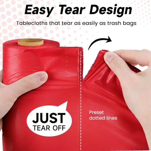 Image of Plastic Table Cloth Disposable, Tear Off 110 Ft X 54 In Plastic Table Cover Roll Premium Red Plastic Tablecloth Tear Off 12 Pcs 54 inchx110 inch, Table Cloth Roll for Party, Holiday, Themed Gathering, Buffet