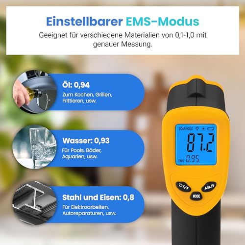 Etekcity Infrarot-Thermometer, Temperaturmessgerät -50°C bis +450°C - digital Laser Infrarot Thermometer für Küche, Pizzaofen, Grill, Backen - Nicht für Menschen - Gelb/Schwarz