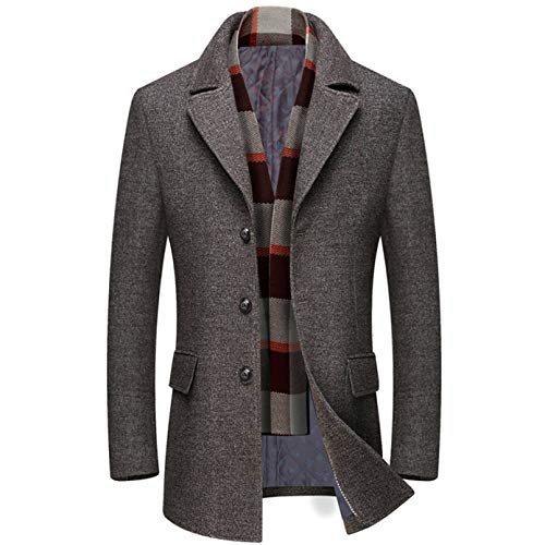 Soluo Men?s Wool Trench Coat Winter Slim Fit Pea Coat with Free Removable Plaid Scarf Slim Fit Business Overcoat (Khaki 1,Large)