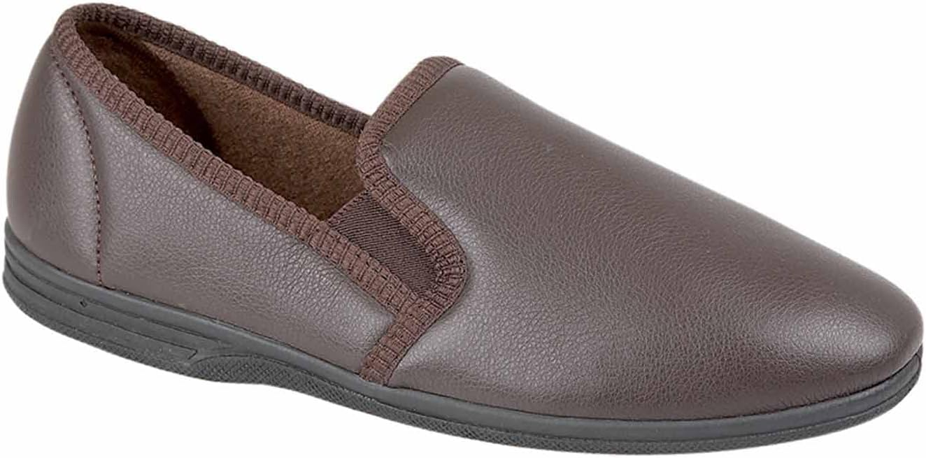 Mens New Boxed Slip On Faux Leather Twin Gusset Slippers Shoes Size 6-14 - Brown - UK