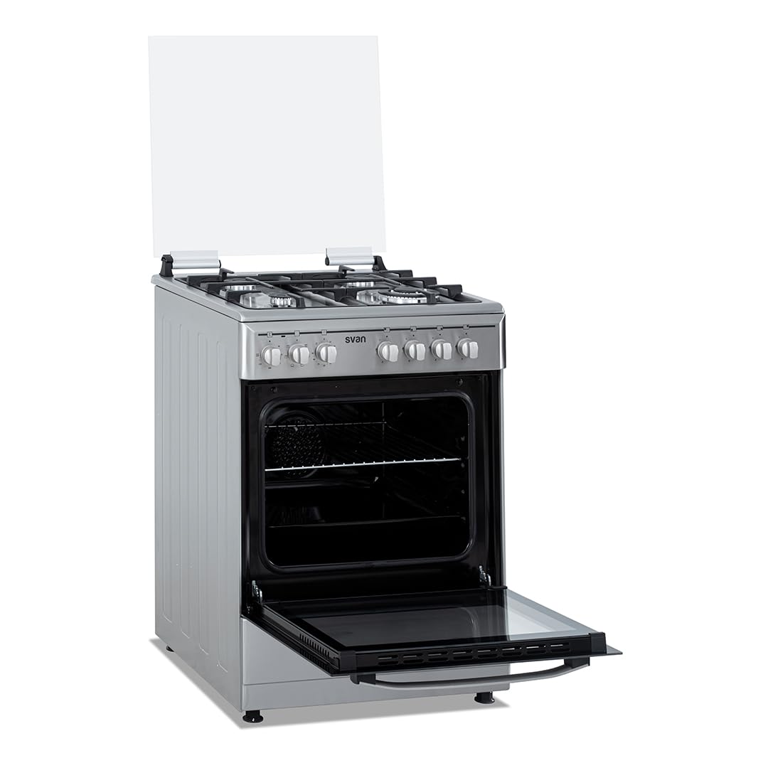 Svan Cocina Mixta Gas Butano, 4 Zonas de Cocción, Horno 56 L, Inox, SKMW4601X. Control Manual, Quemador WOK Triple Llama, 6 Programas de Cocción, Compartimento Bombona, Cristal en Puerta Doble Capa, T