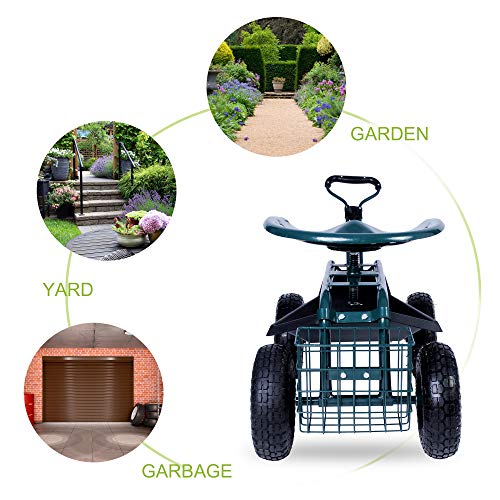 KARMAS PRODUCT Steerable Garden Stool Cart with Tool Tray and Storage Basket on Wheels Rolling Work Seat Heavy Duty Scooter with Extendable Steer Handle Green