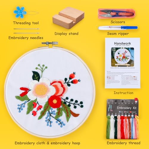 Image of BERYA Embroidery Kit for Beginners, Flowers and Leaves Embroidery Practice Kit, Hand Floral Embroidery Starter Kit for Adults with Video Step by Step Instructions, Hoops, Threads and Needles (BEF014)