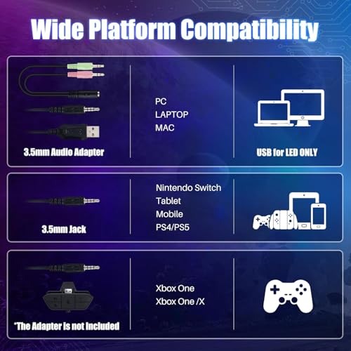 Image of Gaming Headset with Microphone for Xbox PS5 PS4 PC - 3.5mm Jack Wired Headphones with Noise Cancelling Mic & LED - 50mm Audio Drivers & Soft Earpads