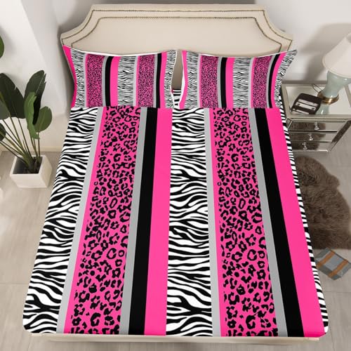 Pink Black White Zebra Bed Sheet Set Double Hot Pink Leopard Bedding Set for Kids Boys Girls Zebra Stripes Fitted Sheet Safari Animal Hair Bed Cover Bed Set 3Pcs (No TOP Sheet)