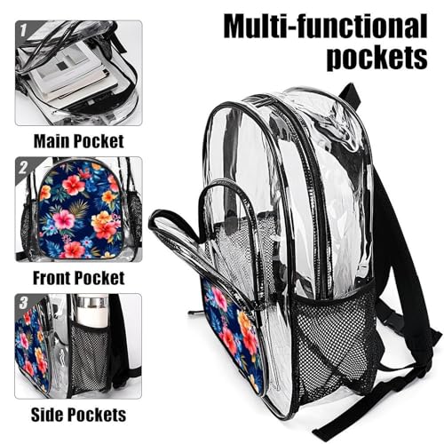 Portable Waterproof Transparent Backpacks Tropical Hawaiian Colorful Hibiscus Flowers with Multi Pockets for Family Picnic, Party, Beach Outing, Casual Daily Use4