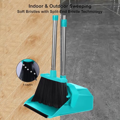 Image of Tiumso Upgrade Broom with Dustpan Combo Set, Broom and Dustpan Set with 51'' Long Handle, Large Upright Brooms and Dust Pans, ZeroGap Lip, Self-Cleaning Dustpan Teeth for Lobby and Restaurant - Blue
