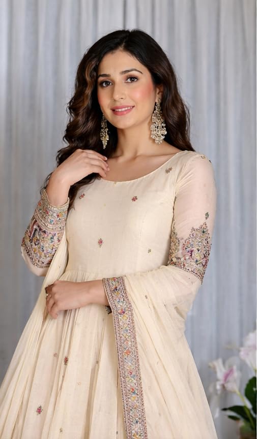 Image of Girl's Fashion Hub's Anarkali Gown with duaptta Set for Women, Chinon Silk Fabric || Ethnic Gown for Women