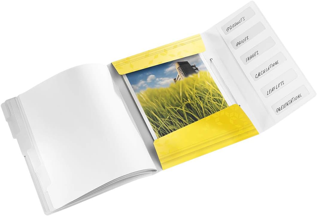 Leitz A4 Divider Book, Holds Up to 200 Sheets, Integrated Index with 6 Compartments, Elastic Closure, Yellow, Wow Range, 46330016