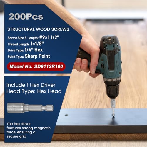 Image of Mech.Galv.#9 x 1-1 /2 inch Joist Hanger Screws-100 Qty,9112R100 Hurricane Screws | 1 /4 inch Hex Socket Wood Screw,0.370 inch-Dia Deck Screw, Joist Hanger Connector Screws Replace 10D Nails-1500 Hours Salt Spray Test