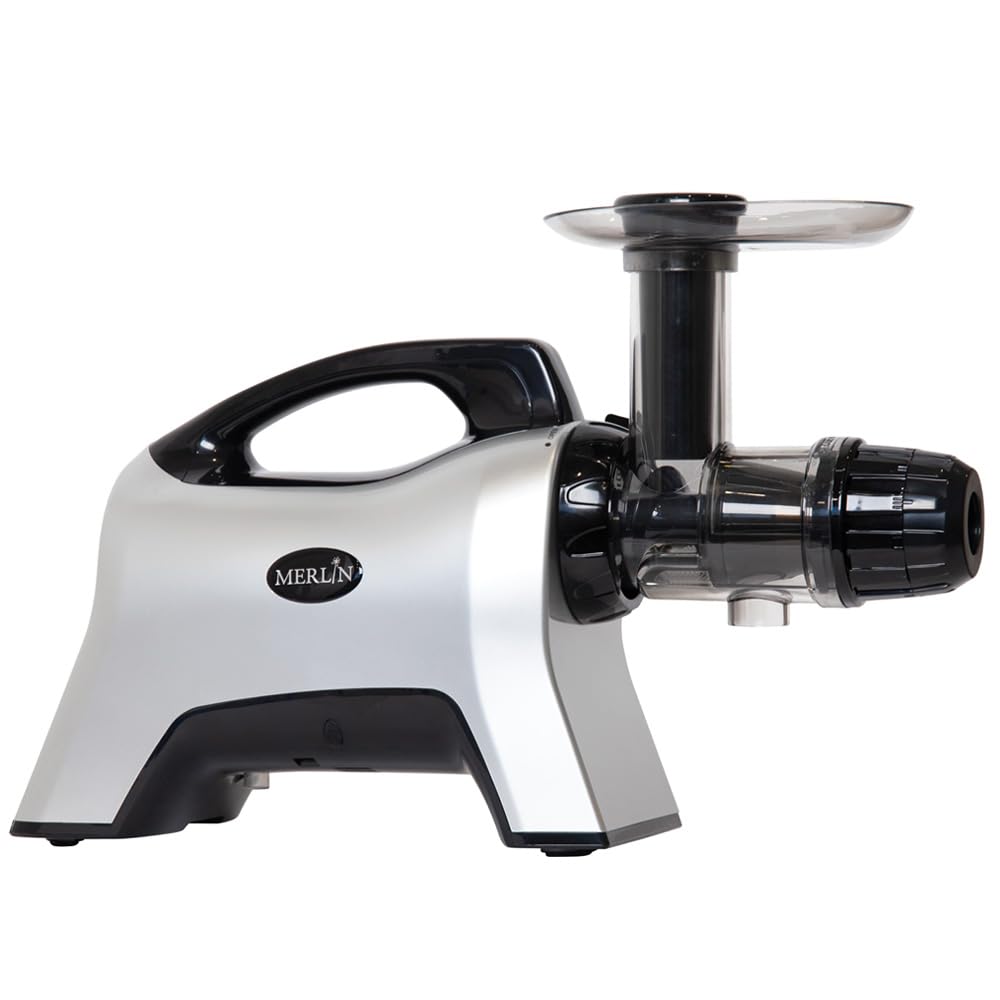 Extractor de jugo Merlin MNC700S - Modelo Premium a presión en frío 200 W- Extracción lenta 80 rpm - Alto rendimiento - Frutas, Verduras, Hierbas y Jugos Verdes - Libre BPA - Gris Silver