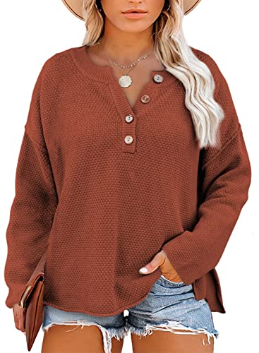Eytino Womens Plus Size Button Henley Sweaters Long Sleeve V Neck Knit Jumper Side Split Solid Color Pullover Tops,3X Red #TOP24