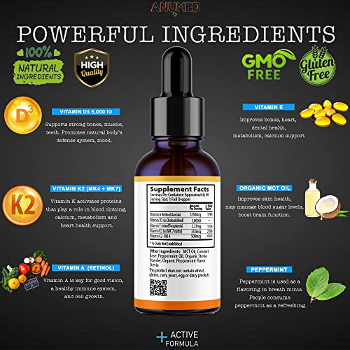 Anumed Bundle Natural Vitamin (D3 + K2 5,000 Iu) With Organic Mct Oil, Vitamin A (Retinol) 1250Mcg, K2 (Mk4,Mk7), Vitamin E. (D3 + K2 5,000 Iu) + Hyaluronic Acid With E Cream 100% Vegan, Non-Gmo. #TOP2