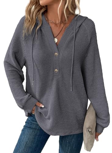 Image of Dokotoo Hoodies for Women Waffle Knit Button V Neck Casual Sweatshirt Tops