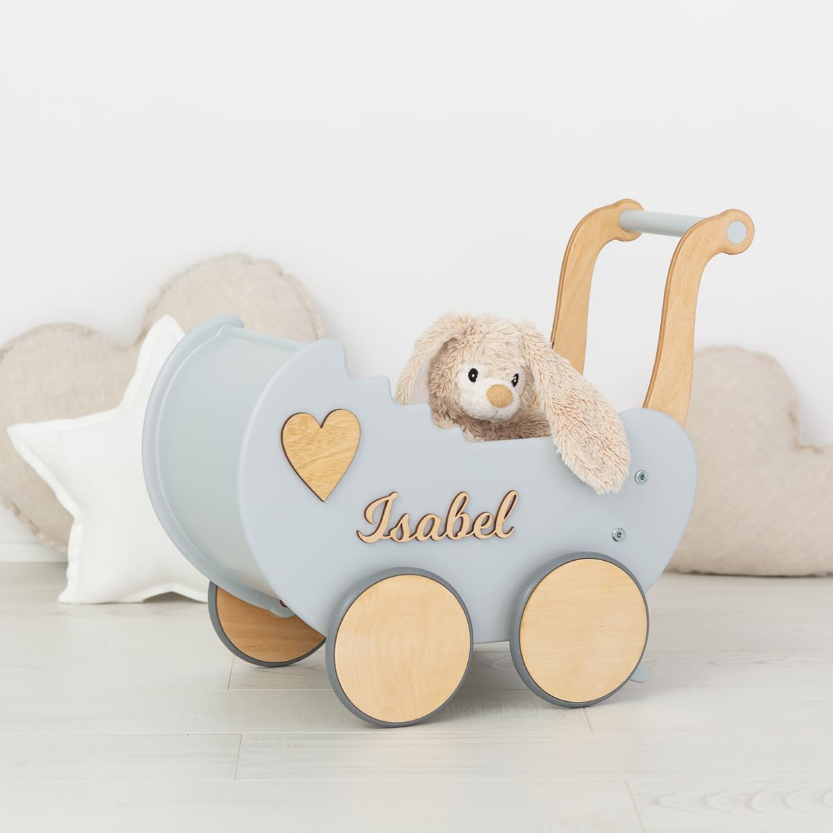 Landau de Poupée en Bois Light Rainbow Individuellement avec des Noms - Chariot Pousseur bébé Bois - Poussette Poupee Décoration - Poussette Canne Poupee - Chariot Enfant (Gris)