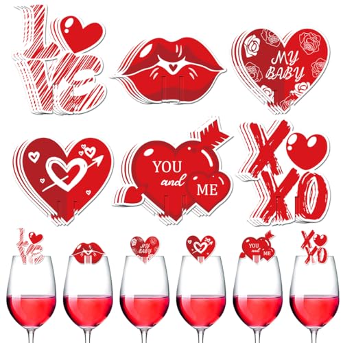 Valentine's Day Drink Markers Wine Glass Markers for Stem Glasses Cute Styles Red Love Heart XOXO Lip Shape Wine Charms Identifier for Wedding Bridal Shower Wine Glass Decor Party Supplies 24Pcs