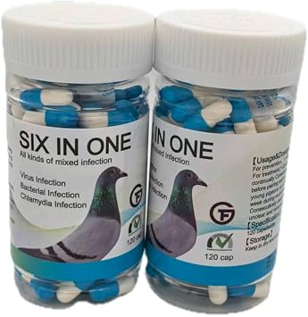 6 in 1 Medicine for Pigeons, Canary, Finches, Parakeet, Cockatiels, Parrots, Cage Small Birds, & Aviary Birds 120 Capsules