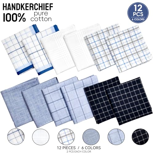 Image of Men's 12pcs 100% Cotton Checkered Handkerchiefs Gift Box, 15.75 Inch Soft Breathable Absorbent Large Pocket Squares