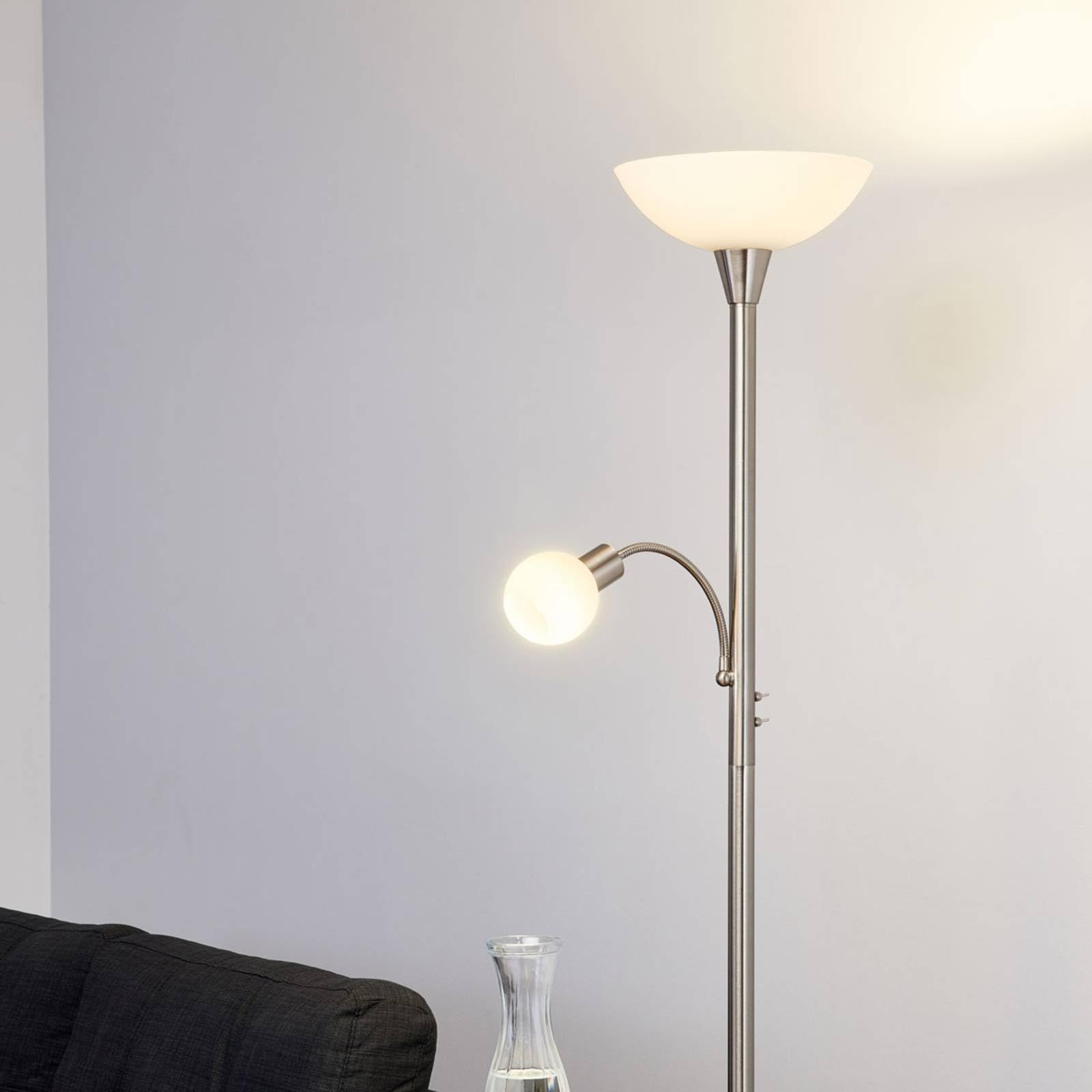 Lindby Stehlampe, Deckenfluter verstellbarer Lesearm Standleuchte Glas Metall 1x E27 max. 15W und E14 10W ohne Leuchtmittel Standlampe