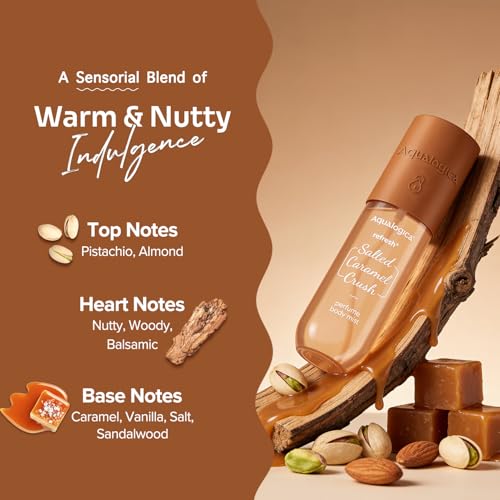 Image of Aqualogica Refresh+ Perfume Body Mist - Salted Caramel Crush | Mouthwatering Gourmand Scent | Long Lasting Fragrance | Double Duty for Hair & Body | Non-Irritating & Hydrating | Infused with Zemea & Hyaluronic Acid | For Men & Women | 150 ml