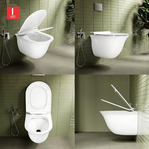 Image of LAPO P Trap Wall Hung Toilet, Ceramic Rimless Commode, Wall Hung Western Toilet With Soft Closing Toilet Seat (White, 20x14x15 Inch)-MRR
