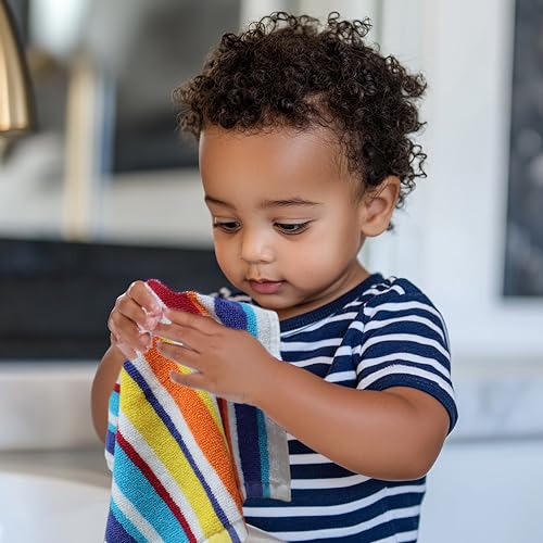 Image of ORIGINAL KIDS Wash Cloth - 12 Pack 100% Cotton Yarn-Dyed Terry Washcloths - 450 GSM Quick Dry Soft Absorbent Gentle Baby Face Towels for Bathroom Travel Daycare - 12 x 12 inches - Cabana Stripe Multi