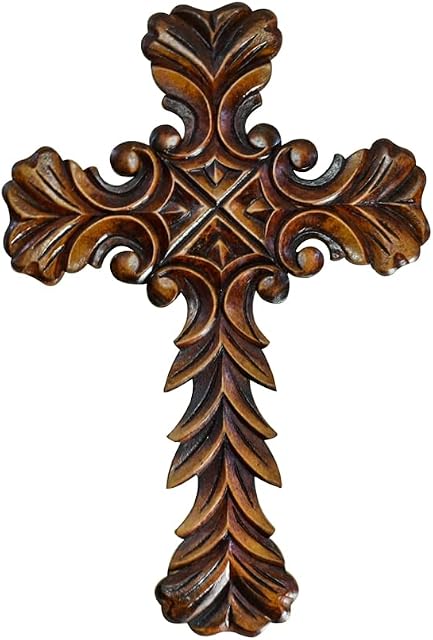 Ajuny Wooden Wall Cross Hanging Hand Carved Design Religious Altar Home Living Room Decor 12x18 Inches