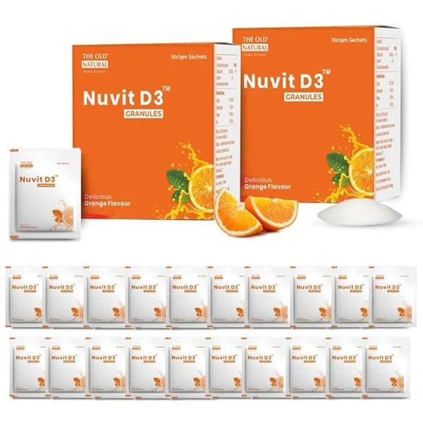 Nuvit D3 Granules 60,000 IU – Cholecalciferol Sachets – Orange Flavour – 10 Sachets (10 x 1 g)– Pack of 2