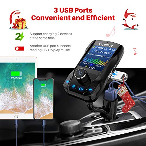 VicTsing 1.8" Color Display Bluetooth FM Transmitter for Car, Wireless Bluetooth Car Adapter with EQ Mode, Power Off, 3 USB Ports, 4 Music Playing, Hands-Free Calls, AUX Input