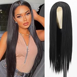 Xinran Long Straight Black Wigs for Women, Synthetic Black Straight Wig, Looking Natural Black Long Hair Wigs 30 inch(Black)