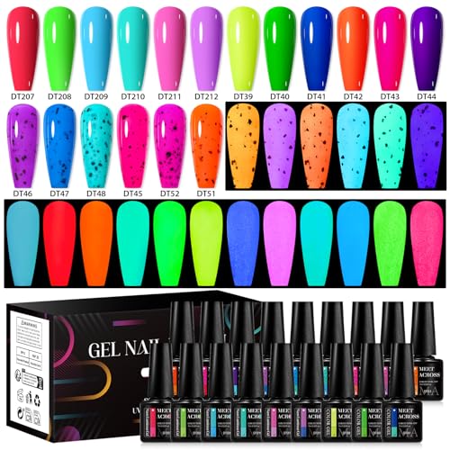 MEET ACROSS 18 Colors Glow in the Dark Gel Nail Polish Halloween Neon Luminous Gel Polish Set Purple Blue Orange Glow Effect Eggshell Gel for DIY Nail Art Salon