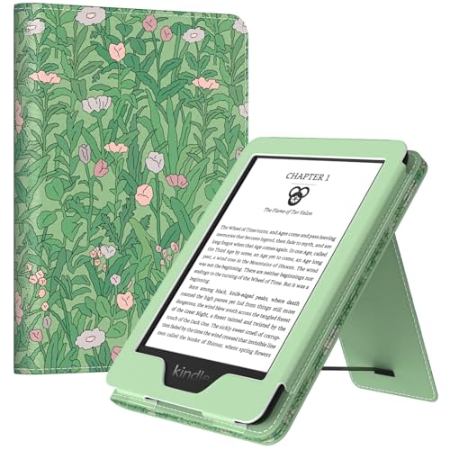 MoKo Case for All-new 6" Kindle(11th Generation, 2024/2022 Release)/Kindle(10th Gen,2019)/Kindle(8th Gen, 2016), Ultra Lightweight PU Shell Cover with Auto Wake/Sleep for Kindle 2024, Green Flower