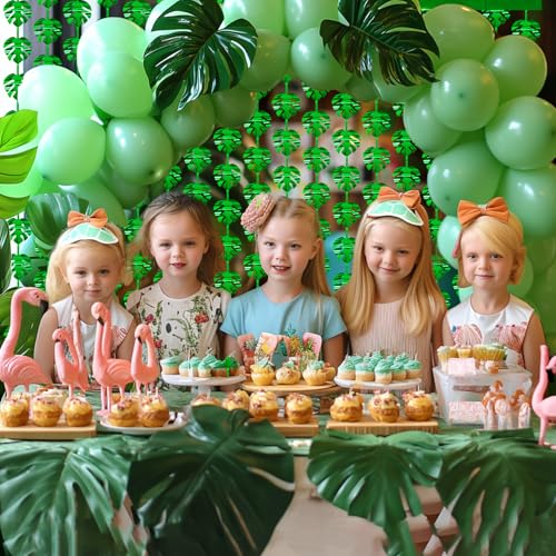 Image of 2 Packs Jungle Leaf Foil Fringe Curtain, Green Glitter Tropical Palm Leaves Metallic Tinsel Backdrop for Safari Birthday, Baby Shower, Hawaiian Aloha Luau Party Decorations Supplies