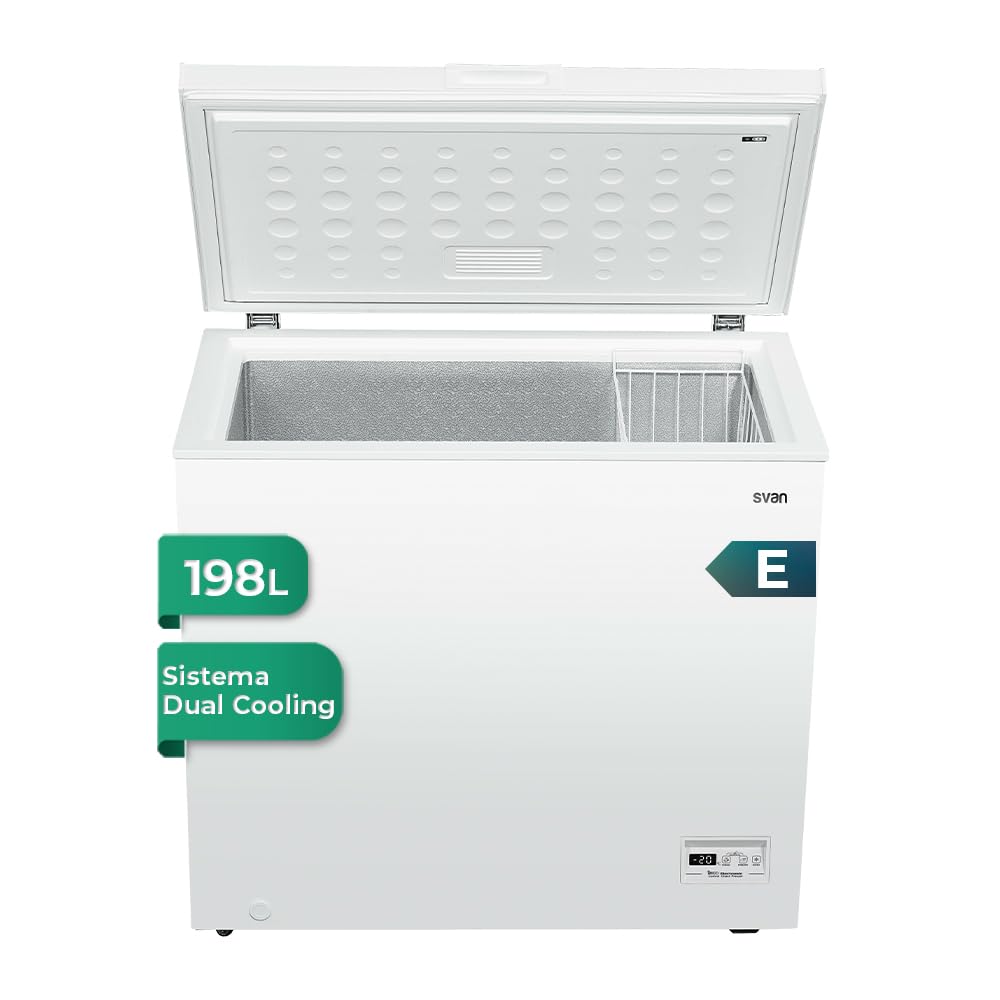 Svan Congelador horizontal Blanco SCH2001EDC. Capacidad 198 Litros, Dual Cooling, 1 Cesta, Bajo nivel Sonoro, Eficiencia Energética Clase E [Clase de eficiencia energética E]