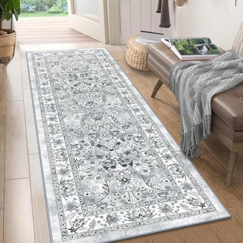 LOKHOM Washable Runner Rug, 2x6 Non-Slip Vintage Hallway Runner Rug with Rubber Backing, Boho Floral Soft Faux Wool Kitchen Rug Carpet Runner for Kitchen Laundry Entryway Bedroom (Grey)